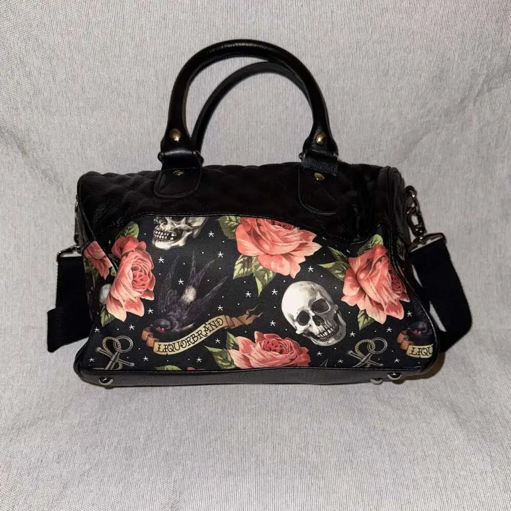 Liquorbrand Skull & Rose Quilted Satchel Bag Gothic Crossbody Purse Black Floral